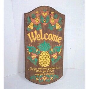 Vtg Folk Art Welcome Wall Sign Wood Plaque Pineapple Birds Heart PA Dutch Decor